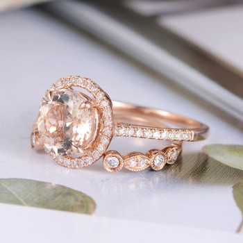 Round Morganite Open Wedding Band Engagement Ring Set