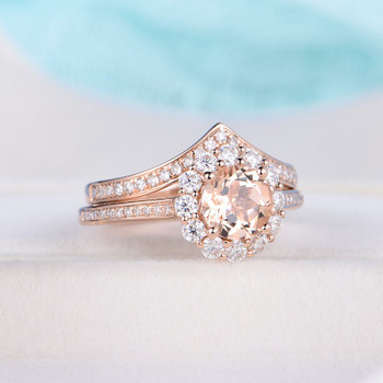 Half Eternity Ring Natural Morganite Rose Gold Bridal Ring Set