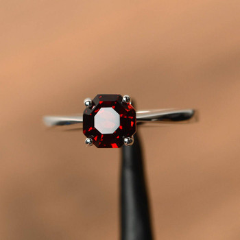 Natural Red Garnet Rings January Birthstone Octagon cut Rings Silver Rings