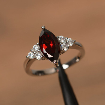 Marquise Cut Red Gemstone Sterling Silver Ring Proposal Ring 