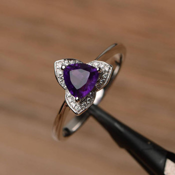 Trillion Cut Sterling Silver Ring Purple Gemstone Ring February Birthstone Ring 