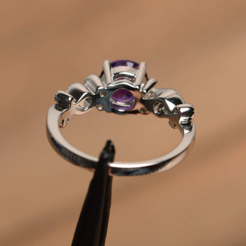 Silver Round Cut February Birthstone Amethyst Ring Engagement Ring 