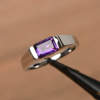 Natural Amethyst Ring Promise Ring Emerald Cut Gemstone Silver Ring 