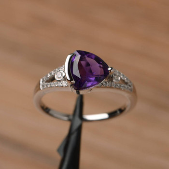 February Birthstone Purple Gemstone Ring Trillion Cut Silver Amethyst Ring