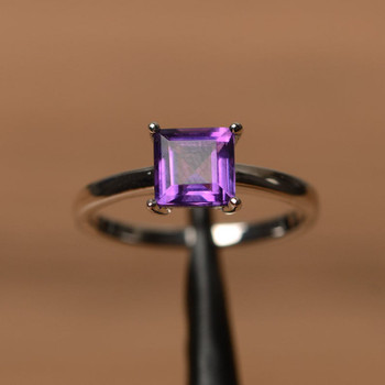 Amethyst Ring Square Cut Purple Gemstone Natural Quartz Ring Silver Ring