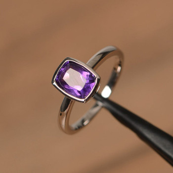 Natural Purple Amethyst Ring Silver Solitaire Ring February Birthstone Ring 