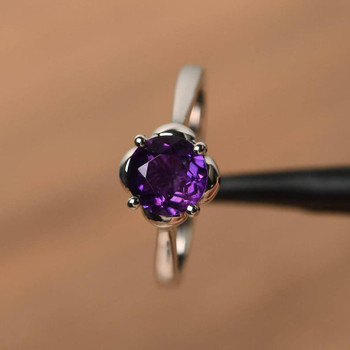 Solitaire Rings Natural Round Cut Amethyst Solid Silver Ring Promise Ring 