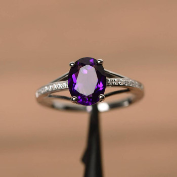 Oval Cut Solid Sterling Silver Ring Birthstone Purple Gemstone Ring 