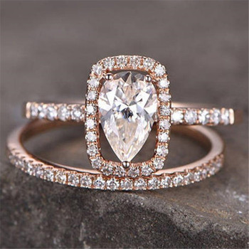 Pear Cut Engagement Ring CZ Cushion  Bridal Set Rose Gold Plated Wedding Ring