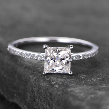 Sterling Silver Ring Princess Shaped Cubic Zirconia Engagement  Wedding Promise Ring