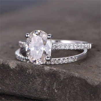 Sterling Silver Ring SET Wedding Ring Oval CZ Engagement Ring Matching Ring