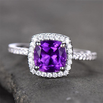 Amethyst Engagement Ring 6.5mm Cushion Cut  Wedding Band Promise Anniversary Ring 