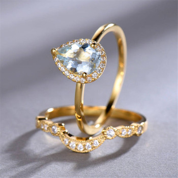 Aquamarine Engagement Ring Set 6x8mm Pear Cut  Plain Gold Band Wedding Ring