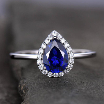 6*8mm Pear Cut Sapphire Engagement Ring Plain White Gold Band Bridal Ring