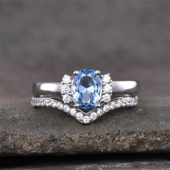 Blue Topaz Wedding Ring Set Oval Engagement Ring Curved Stacking Band