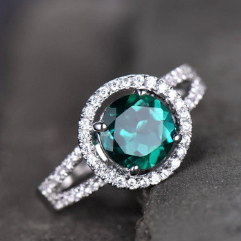 Emerald Engagement Ring 7mm Round Cut CZ Sterling Silver Wedding Bridal Ring 