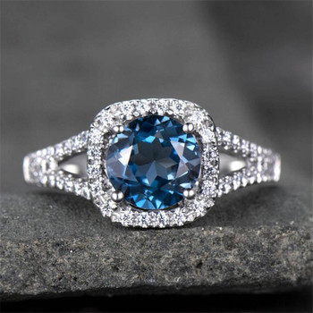 Blue Topaz Ring Split Shank Engagement Ring 7mm Round Cut Gemstone Ring 