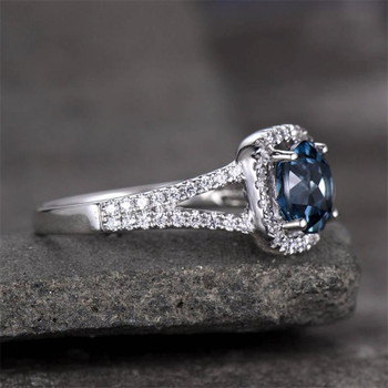 Blue Topaz Ring Split Shank Engagement Ring 7mm Round Cut Gemstone Ring 