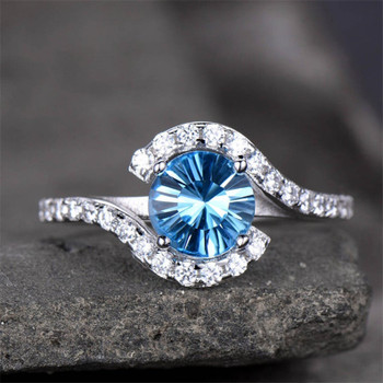 Unique Blue Topaz Engagement Ring 7mm Round Gemstone Promise Ring Curve Ring 