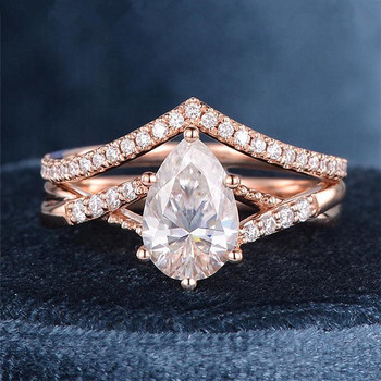 Pear Shaped Moissanite Engagement Diamond Ring Rose Gold Moissanite Bridal Set 