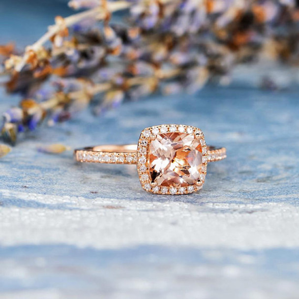 7mm Cushion Cut Bridal Wedding Morganite Ring