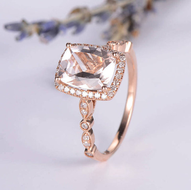 Art Deco 7*9mm Cushion Cut Morganite Engagement Ring