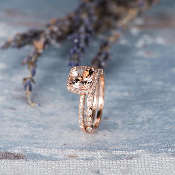 7mm Cushion Cut Morganite Engagement Ring