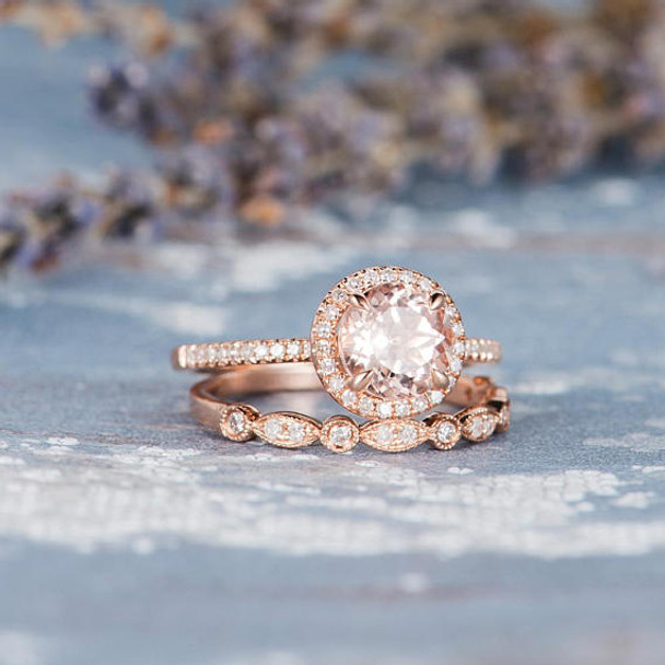 7mm Round Morganite Rose Gold Wedding Ring Set 