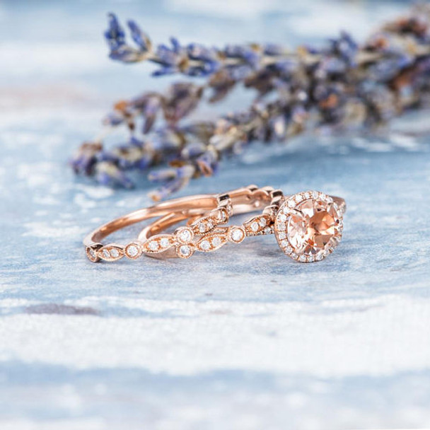 7mm Round Peachy Morganite Engagement Ring Wedding Band Set