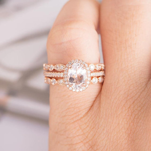 3psc 6*8mm Oval Cut Morganite Diamond Wedding Engagement Ring Set