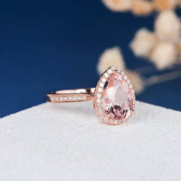 7*10 Pear Shape Peachy Pink Morganite Engagement Ring Rose Gold