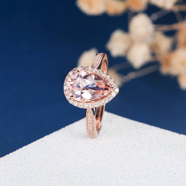 7*10 Pear Shape Peachy Pink Morganite Engagement Ring Rose Gold