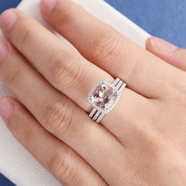 White Gold 9mm Cushion Cut Diamond Wedding Morganite Ring Set