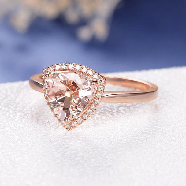 8mm Triangle  Peachy Morganite Ring Rose Gold Anniversary Solitaire