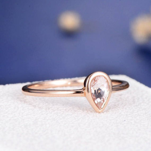 Bezel Set 4*6mm Pear Cut  Morganite Ring Stacking Minimalist Anniversary Ring