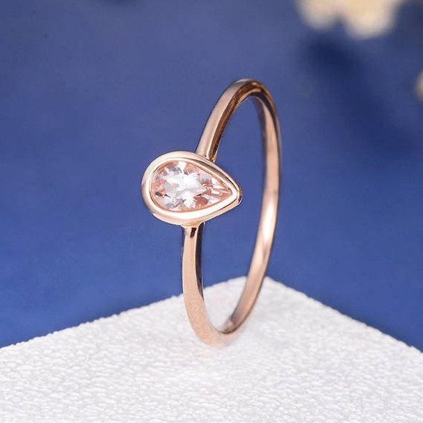 Bezel Set 4*6mm Pear Cut  Morganite Ring Stacking Minimalist Anniversary Ring