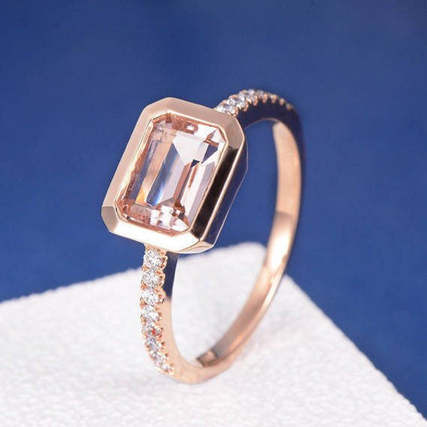 6*8 Emerald Cut  Morganite Bezel Set Anniversary Solitaire  Engagement Ring