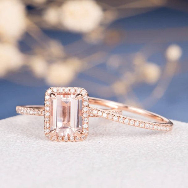 6*8mm Emerald Cut Diamond Wedding Morganite Ring Set