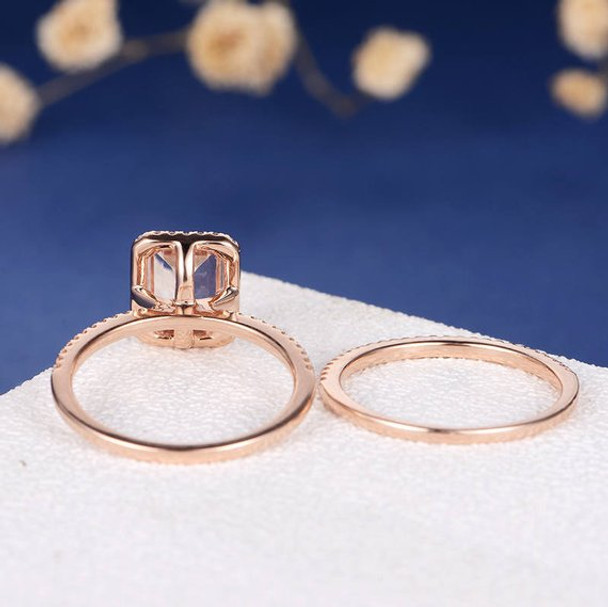 6*8mm Emerald Cut Diamond Wedding Morganite Ring Set
