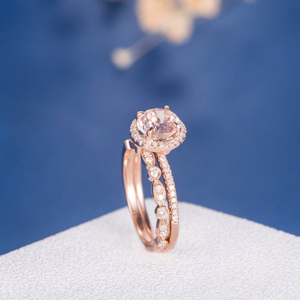 6mm Round Morganite Rose Gold Wedding Ring Set 