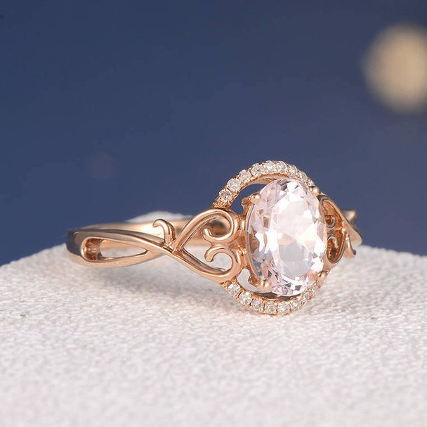 6*8mm Oval Cut Morganite Split Shank Heart Twig Anniversary Ring