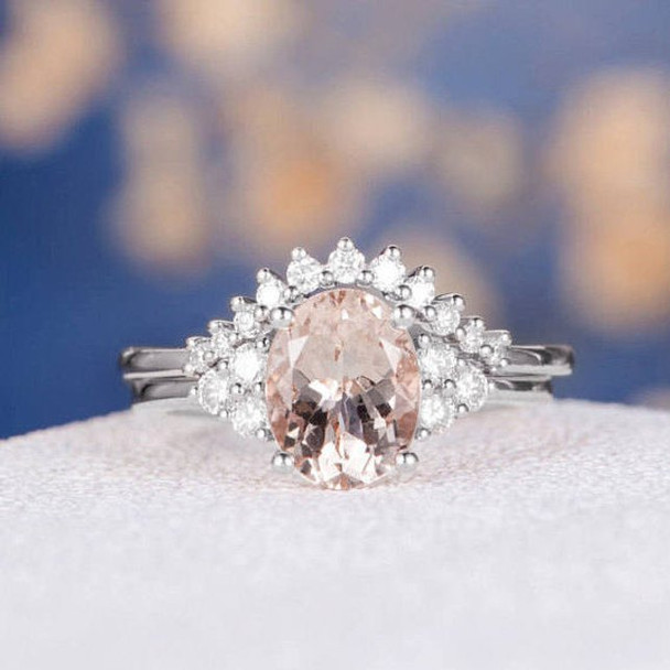 7*9mm Oval Cut Morganite Cluster Diamond Ring Custom Band Personalized