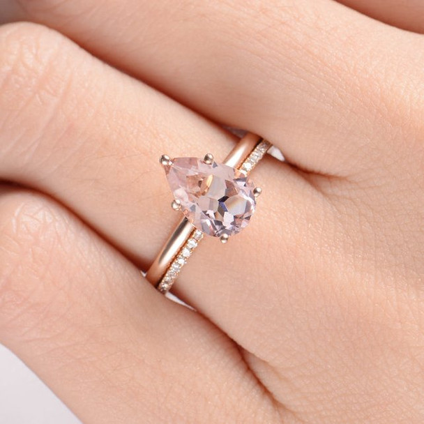  6*9mm Pear Cut Morganite Engagement Full Eternity Pave Band Ring Set