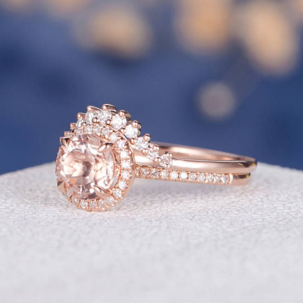 7mm Round  Morganite Halo Diamond  Wedding Ring Set 