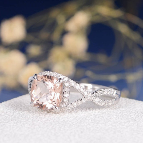 White Gold 8mm Cushion Cut Morganite Infinity Diamond Pave Halo Promise Ring