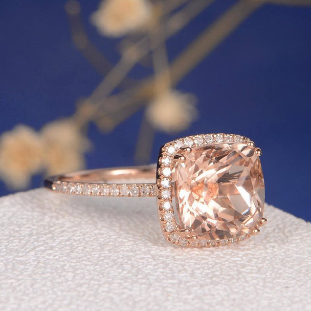 9mm Cushion Cut Morganite Diamond Pave Halo Engagement Ring