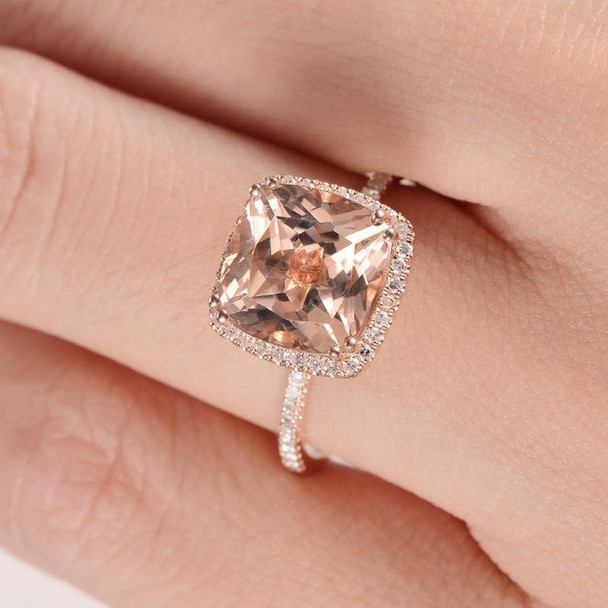 9mm Cushion Cut Morganite Diamond Pave Halo Engagement Ring