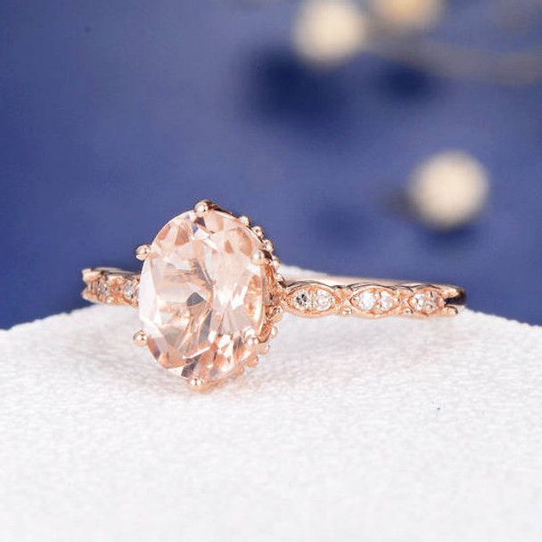 7*9mm Oval Cut  Morganite Art Deco Flower Engagement Ring