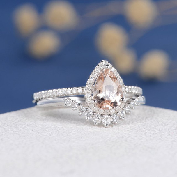 6*8mm Pear Cut  Morganite Halo Diamond  Wedding Ring Set 