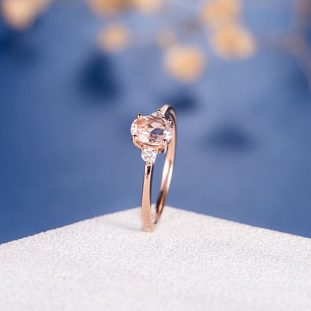 5*7mm Oval Cut Morganite Three Stone Diamond Engagement Ring